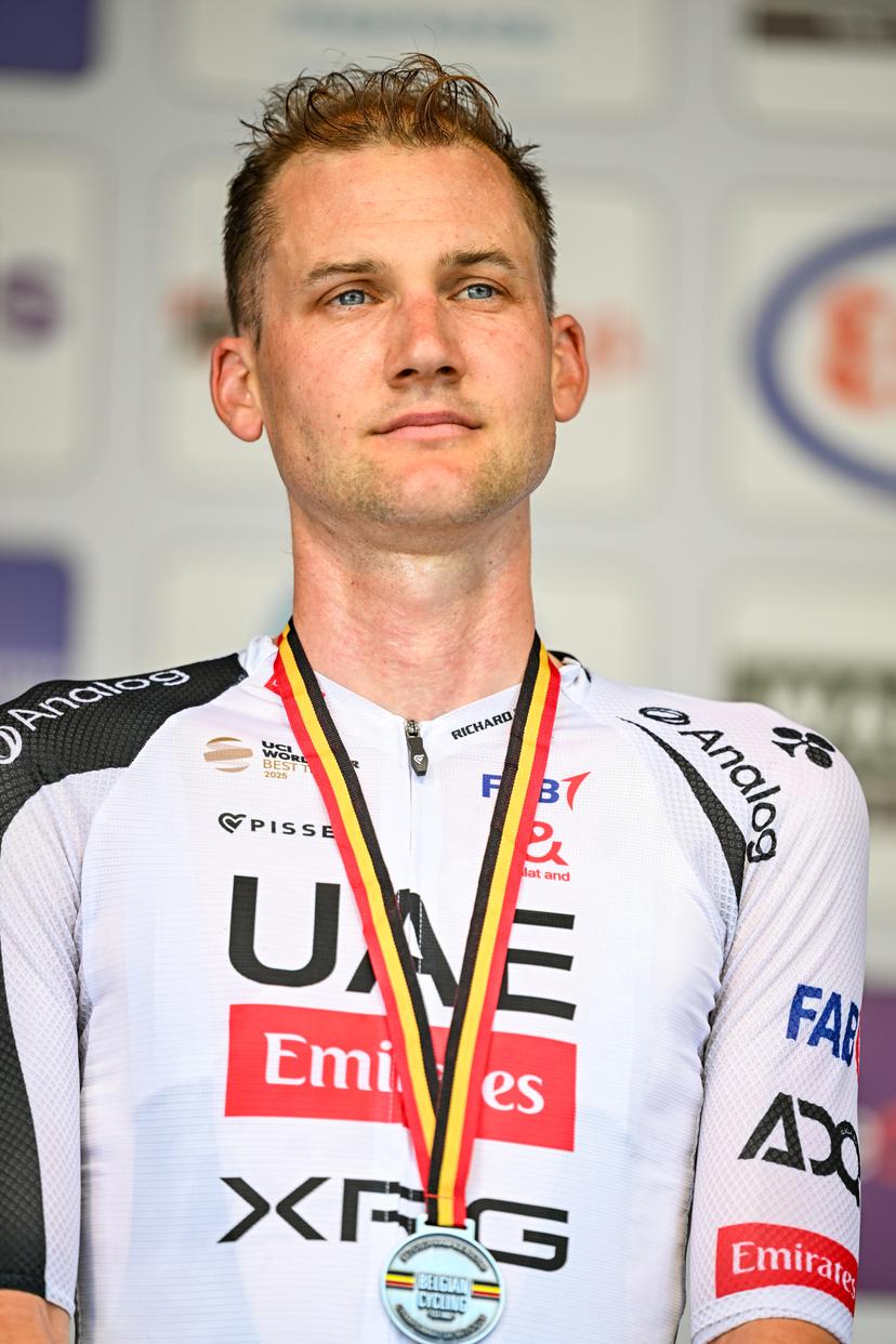 Belgian Tim Wellens of UAE Team Emirates-XRG pictured on the podium after the men's elite individual road time trial race (41,5km) at the Belgian Cycling Championships, in Maarkedal, on Friday 26 June 2026. BELGA PHOTO DAVID PINTENS
