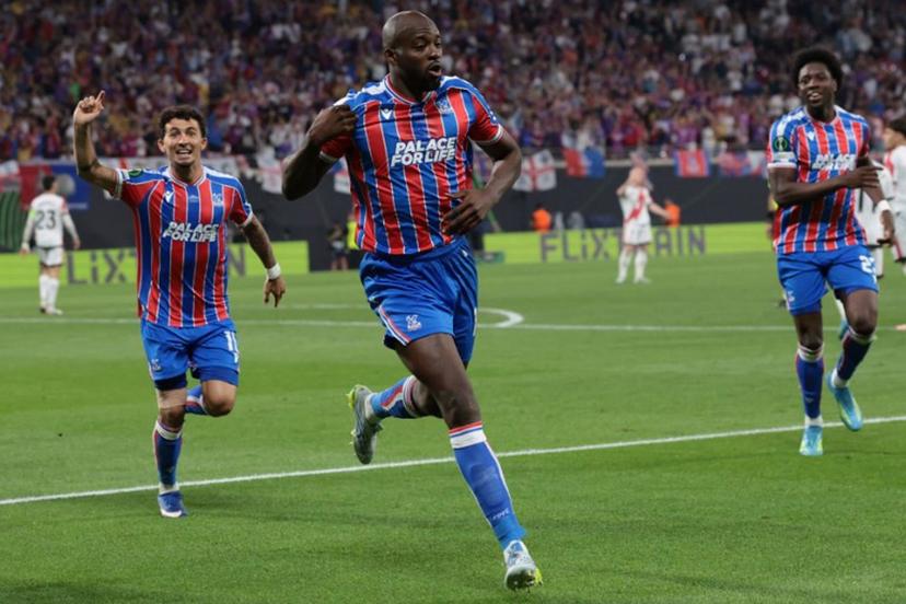 Crystal Palace's French striker #14 Jean-Philippe Mateta (C) celebrates scoring the opening goal 1-0 followed by Crystal Palace's Spanish midfielder #10 Yeremy Pino (L) during the UEFA Conference League final football match between Crystal Palace FC and Rayo Vallecano de Madrid in Leipzig, Germany, on May 27, 2026.    Ronny HARTMANN / AFP