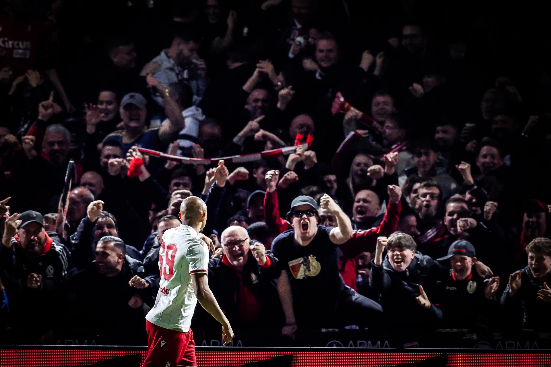 Standard's Timothe Nkada celebrates after scoring during a soccer match between KVC Westerlo and Standard de Liege, Tuesday 19 May 2026 in Westerlo, on the ninth day of the Europe Play-offs (PO2) of the 2025-2026 'Jupiler Pro League' first division of the Belgian championship. BELGA PHOTO BRUNO FAHY