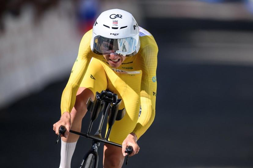 UAE Team Emirates-XRG's Slovenian rider Tadej Pogacar competes during the fourth stage, a 23.7 km time trial from Aarburg to Aarburg, at the Men's Tour of Switzerland (Tour de Suisse) cycling race in Aarburg, Switzerland, on June 20, 2026.  Fabrice COFFRINI / AFP