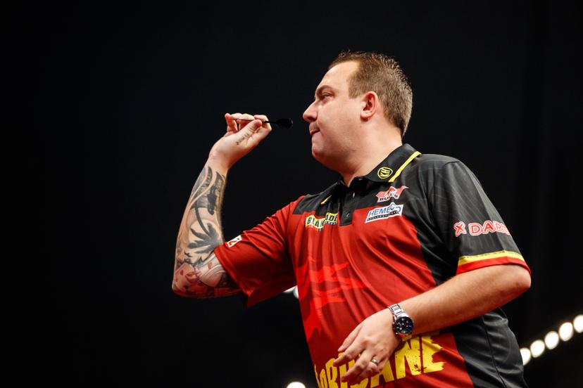 Belgian Kim Huybrechts pictured in action during the second day of the Belgian Darts Open, a tournament in the European Tour that takes places from September 23 until September 25 in Wieze, Saturday 24 September 2022. BELGA PHOTO JEF MATTHEE