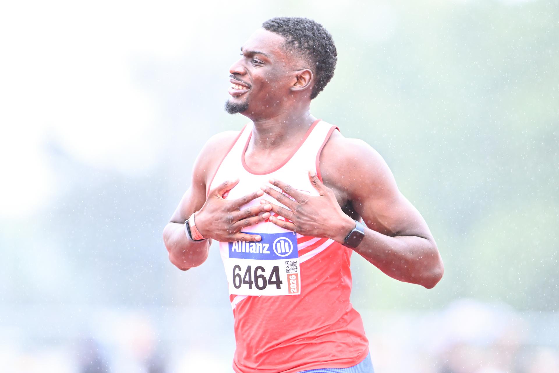 Belgian Elie Bacari celebrates as he crosses the finish line to win the Belgian athletics championships, Sunday 26 July 2026 in Kessel-Lo, Leuven. BELGA PHOTO JILL DELSAUX