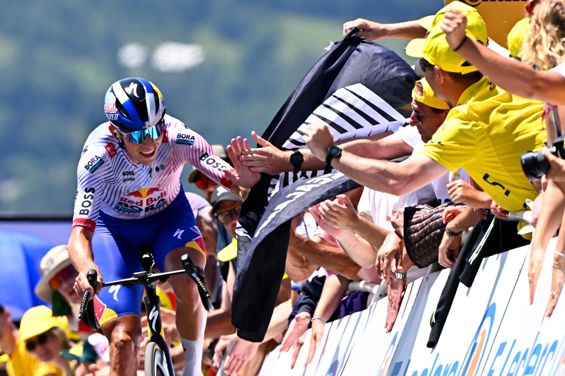 New Zealander Laurence Pithie of Red Bull-BORA-Hansgrohe pictured at the finish of stage 13 of the 2025 Tour de France cycling race, an 11km individual time trial from Loudenvielle to Peyragudes, on Friday 18 July 2025 in France. The 112th edition of the Tour de France starts on Saturday 5 July in Lille, France, and will finish in Paris, France on the 27th of July.   BELGA PHOTO JASPER JACOBS