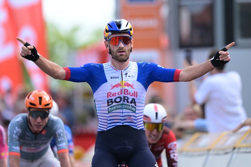 Red Bull-BORA-hansgrohe rider celebrates as he wins the first stage of the Tour De Wallonie cycling race, 180,7 km from Manage to Lobbes, on Monday 01 June 2026. BELGA PHOTO DAVID PINTENS