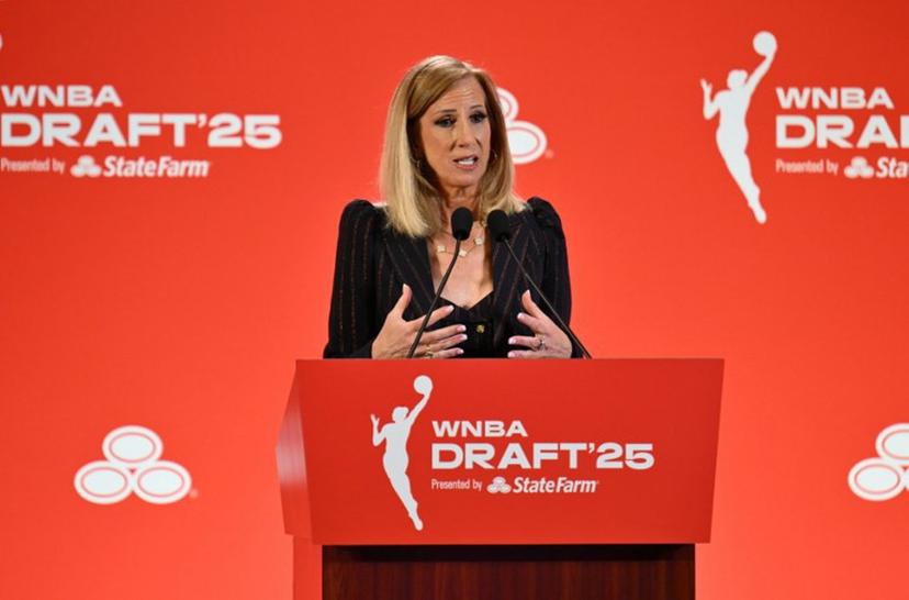 WNBA Commissioner Cathy Engelbert speaks during the 2025 WNBA Draft at the Shed in New York City on April 14, 2025.  ANGELA WEISS / AFP