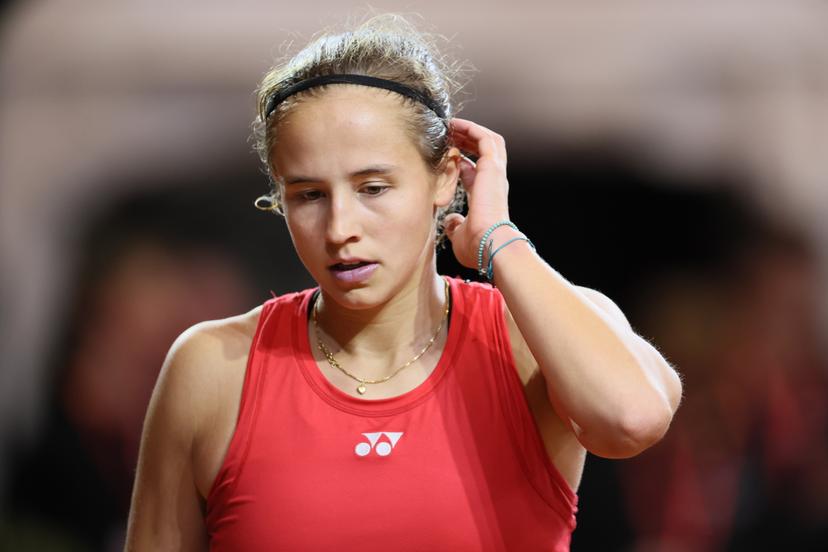 Belgian Hanne Vandewinkel reacts during the first game between Belgian Vandewinkel (WTA 94) and US' Jovic (WTA 16) on the first day of tennis matches between Belgium and USA, in the qualifiers of the Billie Jean King Cup tennis, in Oostende, Belgium, on Friday 10 April 2026. The meeting takes place on 10 and 11th April. PHOTO BENOIT DOPPAGNE