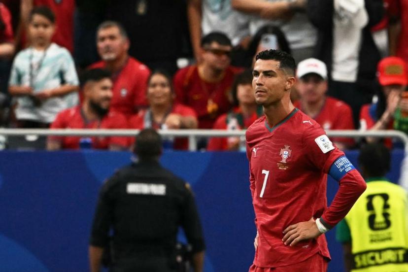 Portugal's forward #07 Cristiano Ronaldo reacts after a draw in the  2026 World Cup Group K football match between Portugal and the Democratic Republic of Congo at the Houston Stadium in Houston on June 17, 2026.   RONALDO SCHEMIDT / AFP