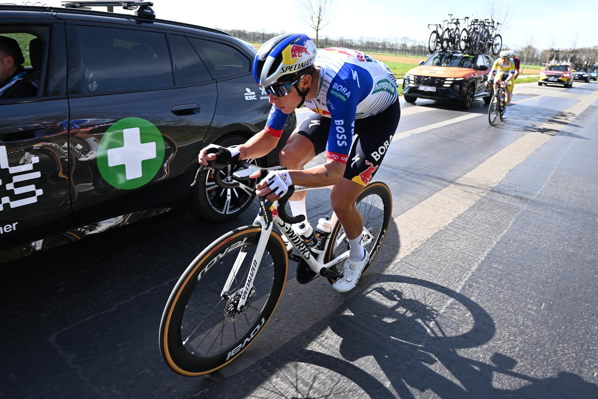 New Zealander Laurence Pithie of Red Bull-BORA-hansgrohe pictured in action during the men's race of the 'Scheldeprijs' one day cycling event, 205,2km from Terneuzen, the Netherlands to Schoten, Belgium on Wednesday 08 April 2026. BELGA PHOTO MAARTEN STRAETEMANS