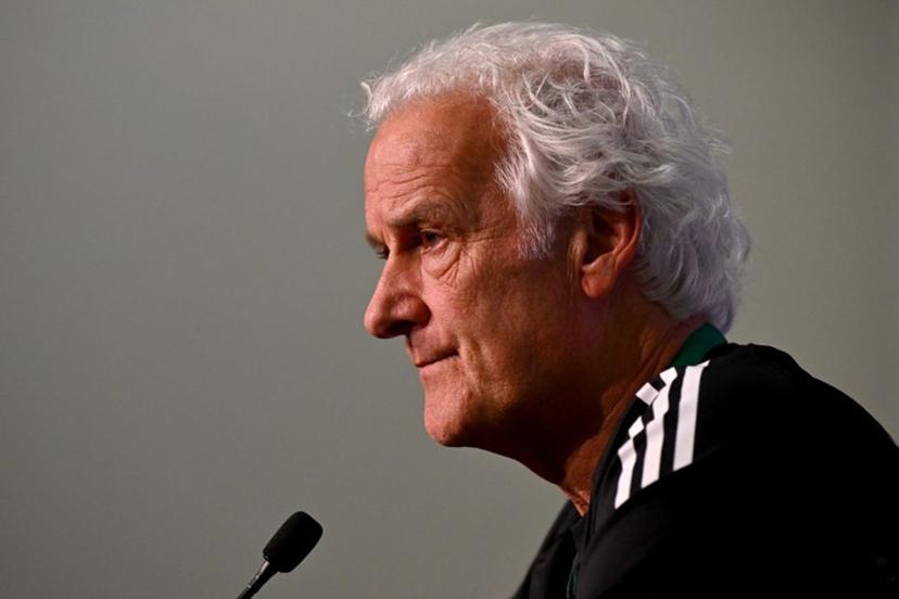 Curacao's head coach Fred Rutten speaks to the media in Melbourne on March 30, 2026, ahead of their international friendly football match against Australia.  William WEST / AFP