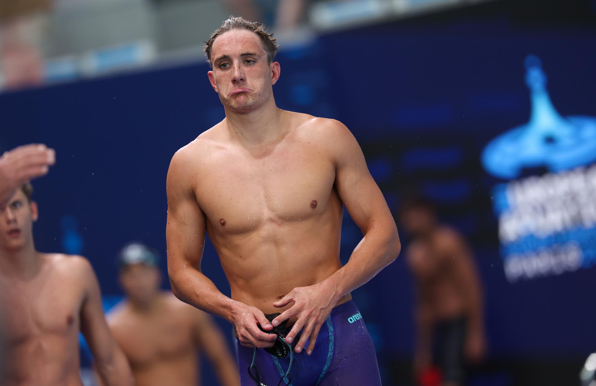 Belgian athlete Lucas Henveaux pictured after the heats of the Men's 400 m freestyle race on the last day of  the European Aquatics Championships in Paris, France on Sunday 16 August 2026. BELGA PHOTO VIRGINIE LEFOUR