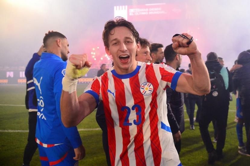 Paraguay's midfielder #23 Matias Galarza celebrates after the 2026 FIFA World Cup South American qualifiers football match between Paraguay and Ecuador at the Defensores del Chaco stadium in Asuncion on September 4, 2025.   Daniel DUARTE / AFP