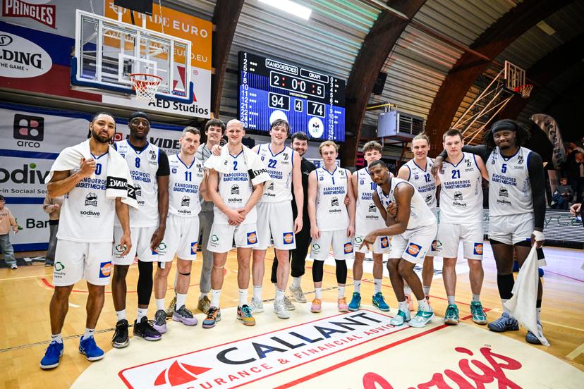 Mechelen's players celebrate after winning a basketball match between Kangoeroes Basket Mechelen and Okapi Aalst, Saturday 04 April 2026 in Mechelen, on day 27 (out of 34) of the 2025-2026 'BNXT League' Belgian/ Dutch first division basket championship. BELGA PHOTO TOM GOYVAERTS