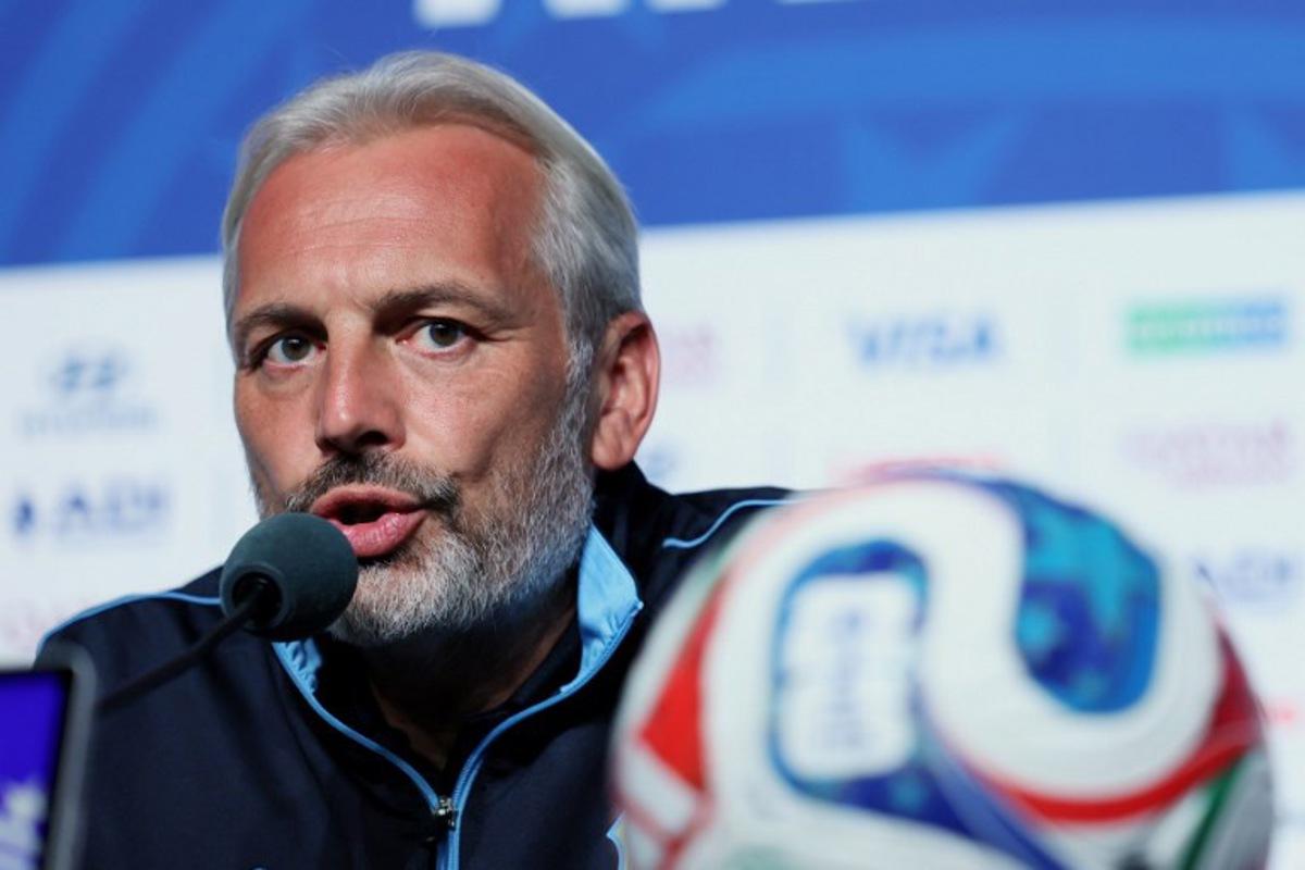 Congo DR's French head coach Sebastien Desabre gives an MD-1 press conference at Atlanta Stadium in Atlanta on June 30, 2026, on the eve of the 2026 World Cup round of 32 football match between England and Democratic Republic of the Congo.  Odd ANDERSEN / AFP