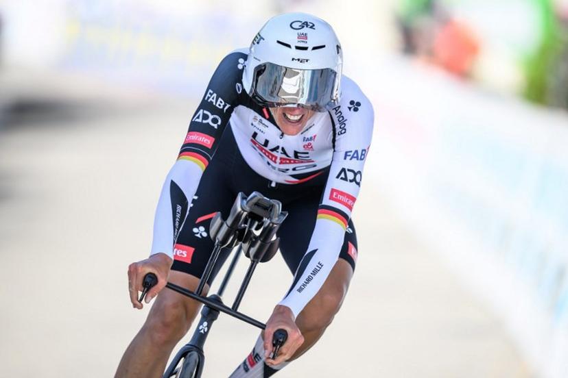 UAE Team Emirates-XRG's German rider Nils Politt competes during the fourth stage, a 23.7 km time trial from Aarburg to Aarburg, at the Men's Tour of Switzerland (Tour de Suisse) cycling race in Aarburg, Switzerland, on June 20, 2026.  Fabrice COFFRINI / AFP