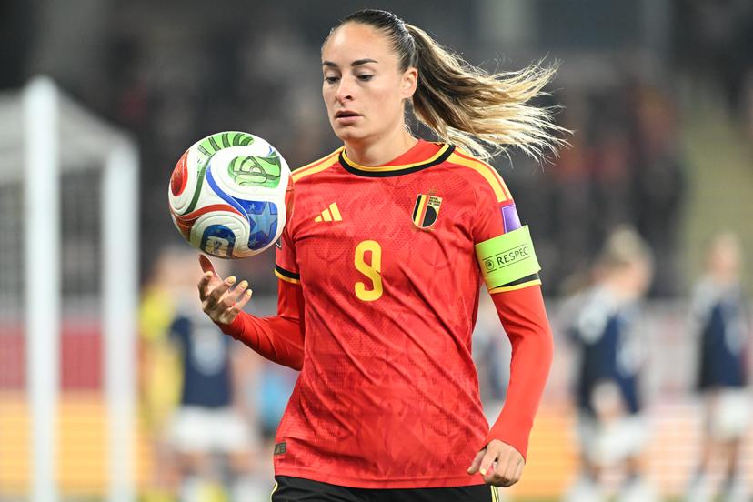 Belgium's Tessa Wullaert pictured during a soccer game between Belgium's national women's team the Red Flames and Scotland, on Saturday 18 April 2026 in Leuven, in the fourth of six games of the qualifiers for the 2027 FIFA Women's World Cup. BELGA PHOTO JILL DELSAUX
