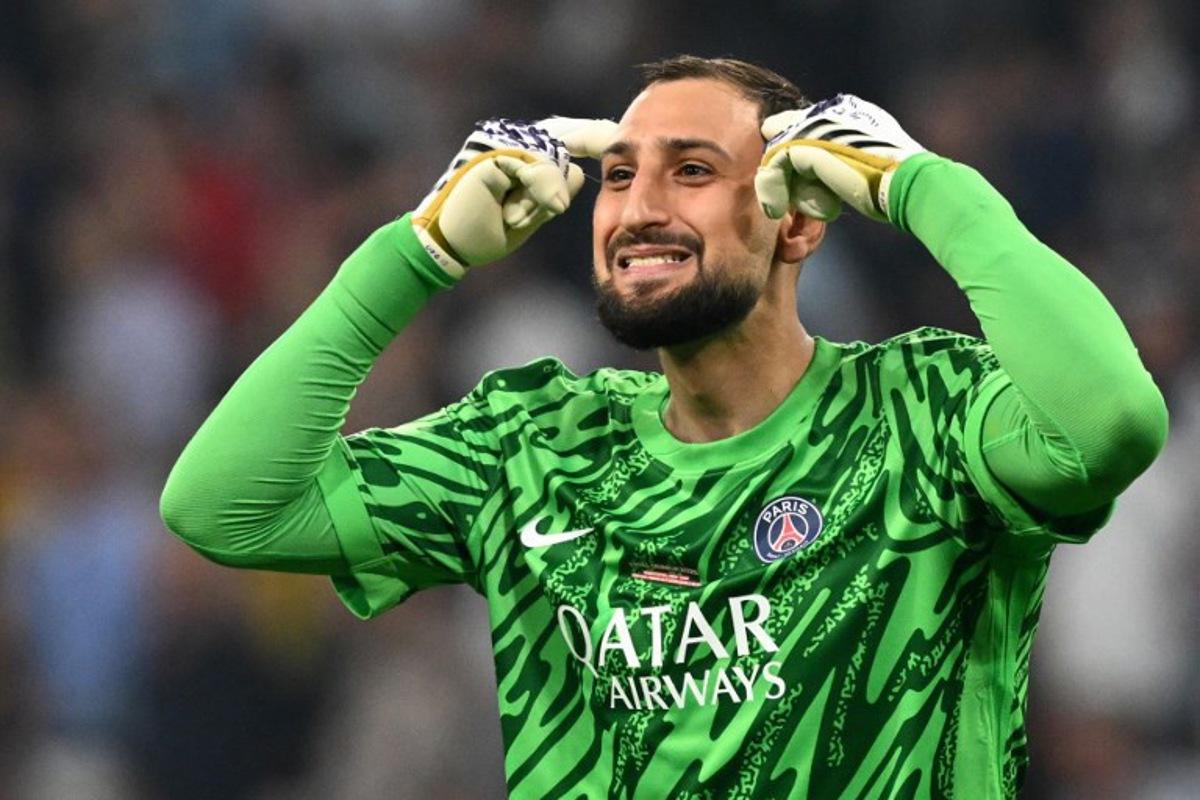 Paris Saint-Germain's Italian goalkeeper #01 Gianluigi Donnarumma gestures during the UEFA Champions League final football match between Paris Saint-Germain (PSG) and Inter Milan in Munich, southern Germany, on May 31, 2025.  INA FASSBENDER / AFP