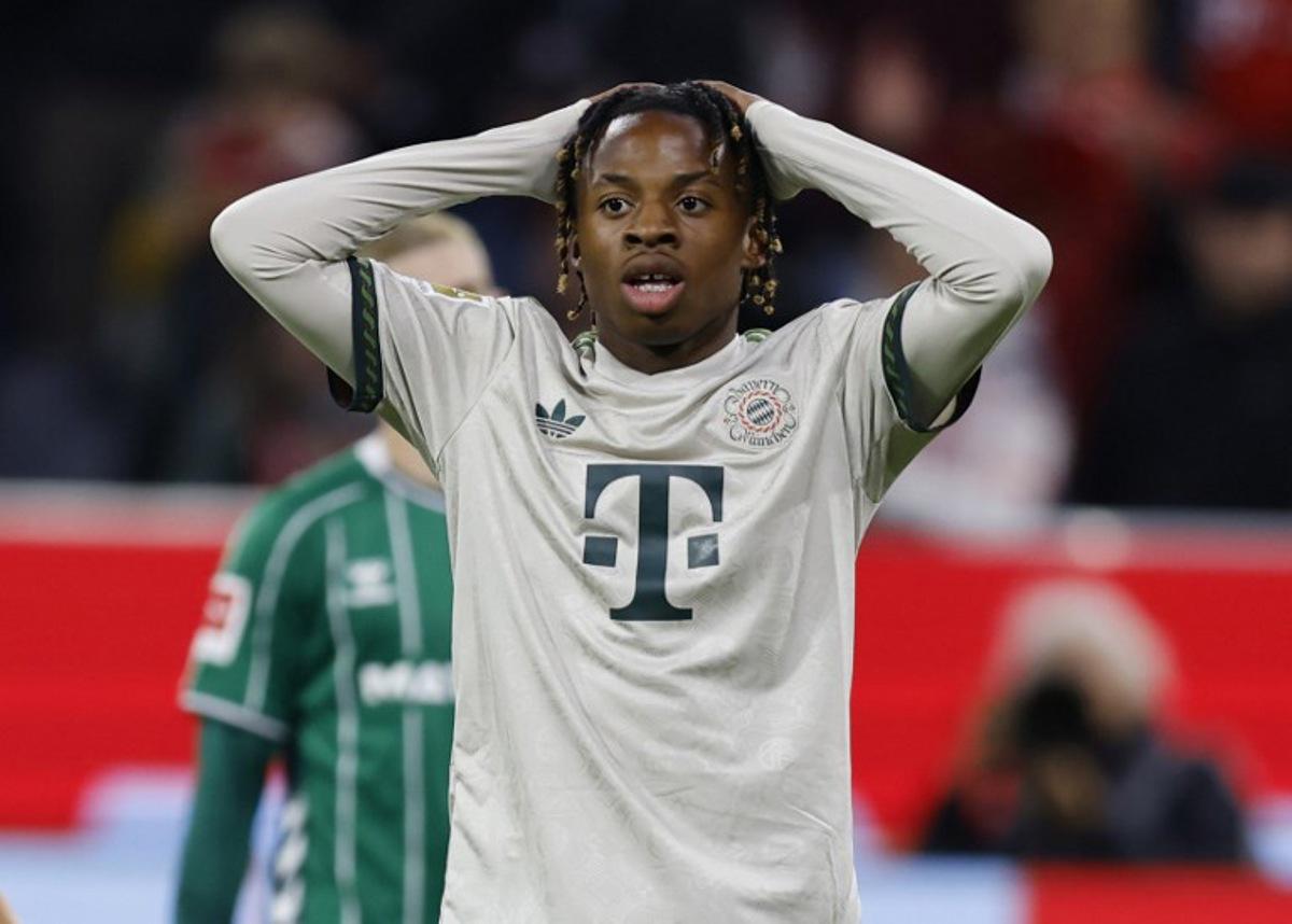 Bayern Munich's German-Nigerian forward #36 Wisdom Mike reacts during the German first division Bundesliga football match between Bayern Munich and Werder Bremen in Munich on Spetember 26, 2025.  Alexandra BEIER / AFP