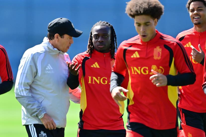 Belgium's head coach Rudi Garcia, Belgium's Jeremy Doku and Belgium's Axel Witsel pictured during a training session of Belgian national soccer team Red Devils in their base camp, home of the Seattle Sounders, Renton, Seattle, USA, on Wednesday 10 June 2026. The Red Devils prepare for the 2026 FIFA World Cup. BELGA PHOTO DIRK WAEM