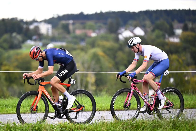 Race leaders American Artem Schmidt and Britsh Callum Thornley pictured in action during the U23 Men road race at the 2024 UCI Road and Para-Cycling Road World Championships, Friday 27 September 2024, in Zurich, Switzerland. The Worlds are taking place from 21 to 29 September. BELGA PHOTO JASPER JACOBS