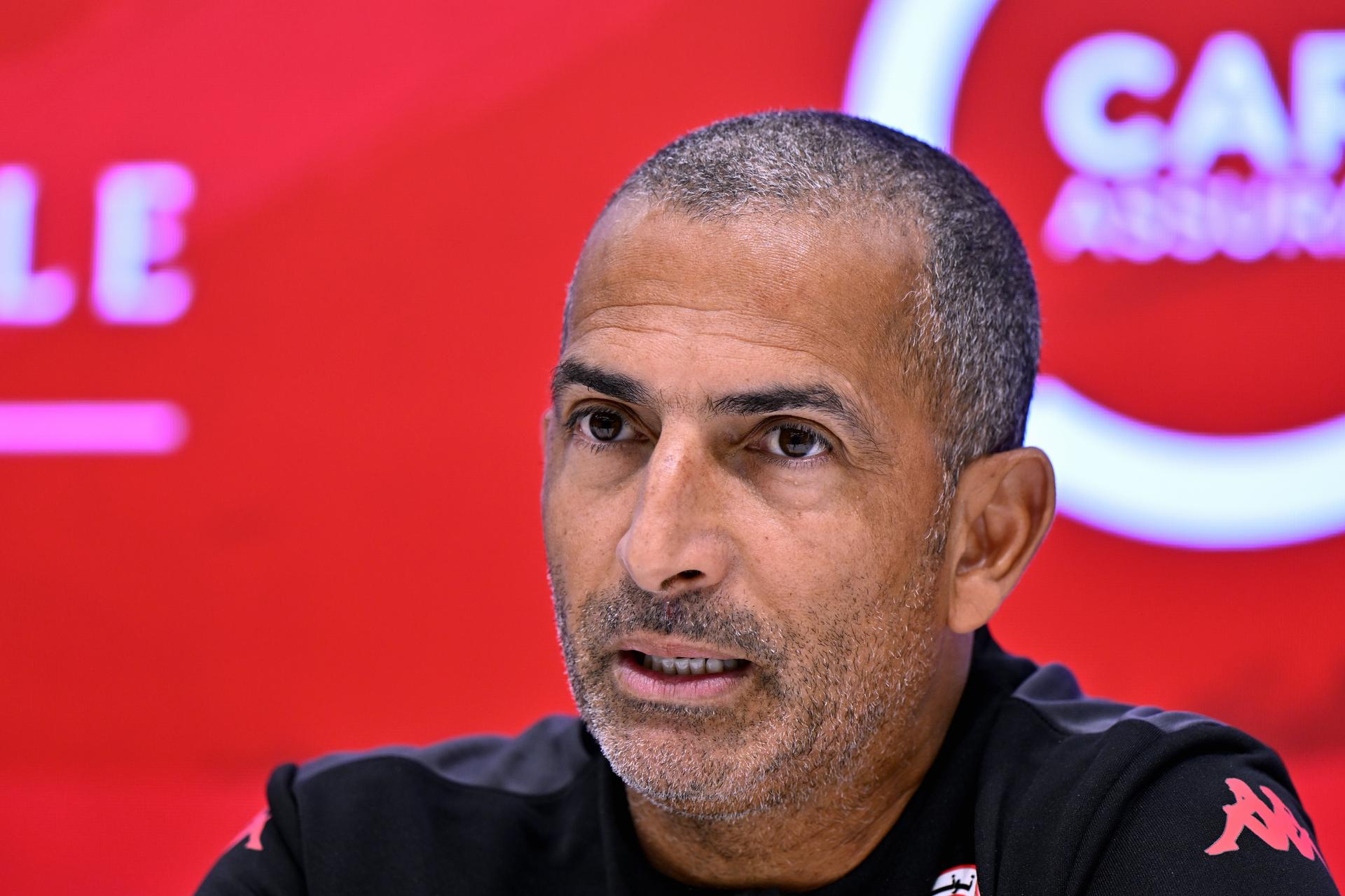 Tunisian head coach Sabri Lamouchi pictured during a press conference of the Tunisian national soccer team, in Brussels, on Friday 05 June 2026. Tunisia is playing a friendly game against Belgian national soccer team Red Devils tomorrow, part of the preparations for the 2026 FIFA World Cup. BELGA PHOTO ERIC LALMAND