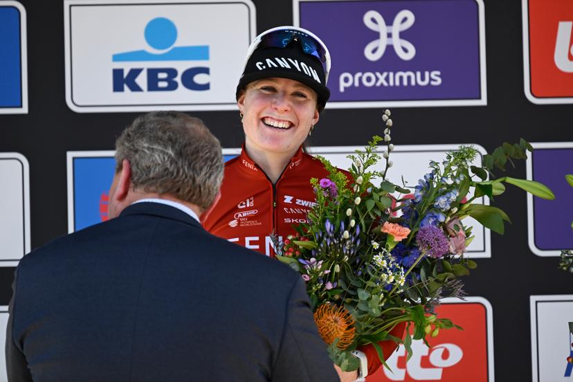 Dutch Charlotte Kool of Fenix-Premier Tech celebrates on the podium after winning the women's race of the 'Scheldeprijs' one day cycling event, 130,3km from and to Schoten on Wednesday 08 April 2026. BELGA PHOTO TOM GOYVAERTS