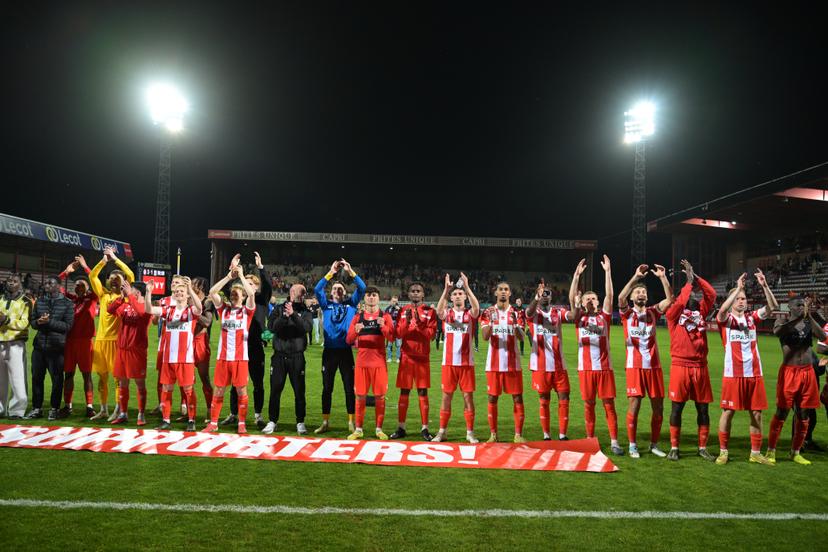 Kortrijk's players celebrates after winning a soccer game between KV Kortrijk and RWDM Brussels, Friday 17 April 2026 in Kortrijk, on day 34 of the 2025-2026 'Challenger Pro League' 1B second division of the Belgian championship. BELGA PHOTO DAVID PINTENS