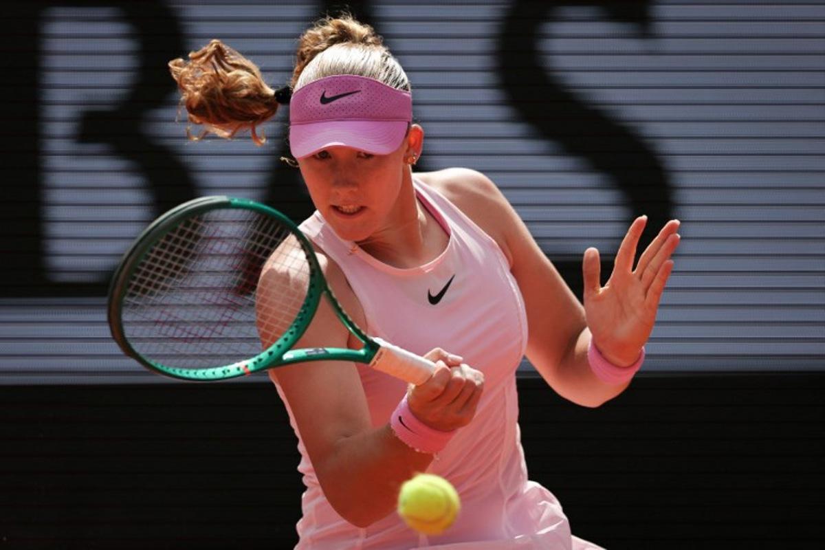 Poland's Maja Chwalinska plays a forehand return to Russia's Mirra Andreeva during their women's final singles match on day 14 of the French Open tennis tournament on Court Philippe-Chatrier at the Roland-Garros Complex in Paris on June 6, 2026.  Thomas SAMSON / AFP