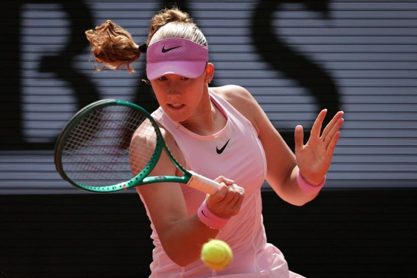 Poland's Maja Chwalinska plays a forehand return to Russia's Mirra Andreeva during their women's final singles match on day 14 of the French Open tennis tournament on Court Philippe-Chatrier at the Roland-Garros Complex in Paris on June 6, 2026.  Thomas SAMSON / AFP