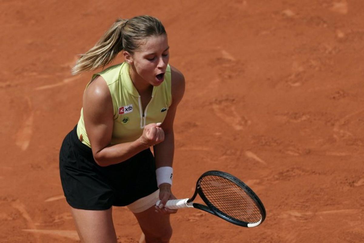 Poland's Maja Chwalinska reacts to a point against Greece's Maria Sakkari during their women's singles match on day 7 of the French Open tennis tournament on Court Simonne-Mathieu at the Roland-Garros Complex in Paris on May 30, 2026.  Dimitar DILKOFF / AFP