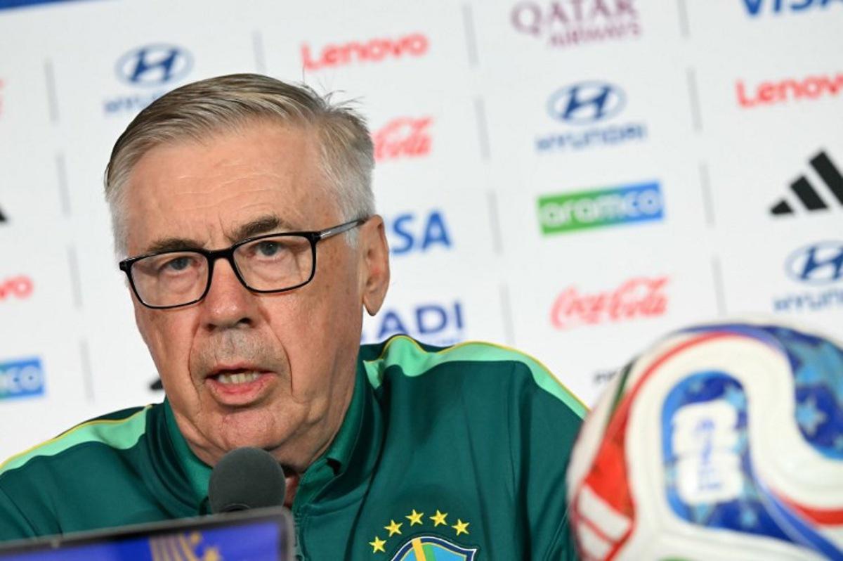Brazil's Italian head coach Carlo Ancelotti speaks during a press conference on the eve of the 2026 World Cup Round of 32 football match between Brazil and Japan at Houston stadium in Houston on June 28, 2026.   RONALDO SCHEMIDT / AFP