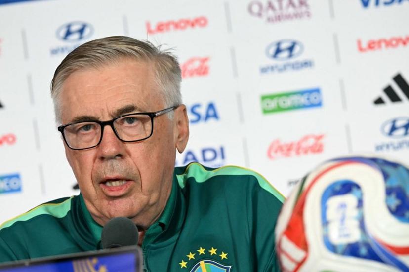 Brazil's Italian head coach Carlo Ancelotti speaks during a press conference on the eve of the 2026 World Cup Round of 32 football match between Brazil and Japan at Houston stadium in Houston on June 28, 2026.   RONALDO SCHEMIDT / AFP
