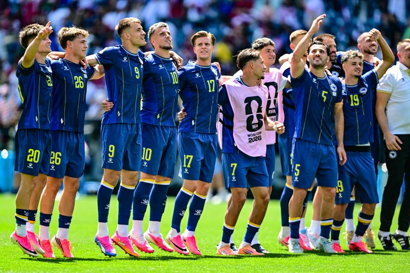Bosnia and Herzegovina's players celebrate after winning a soccer game between Bosnia and Herzegovina and Qatar, on Wednesday 24 June 2026 in Seattle, the third and last day in the group stage, in group B of the FIFA World Cup 2026 in the United States of America. BELGA PHOTO DIRK WAEM