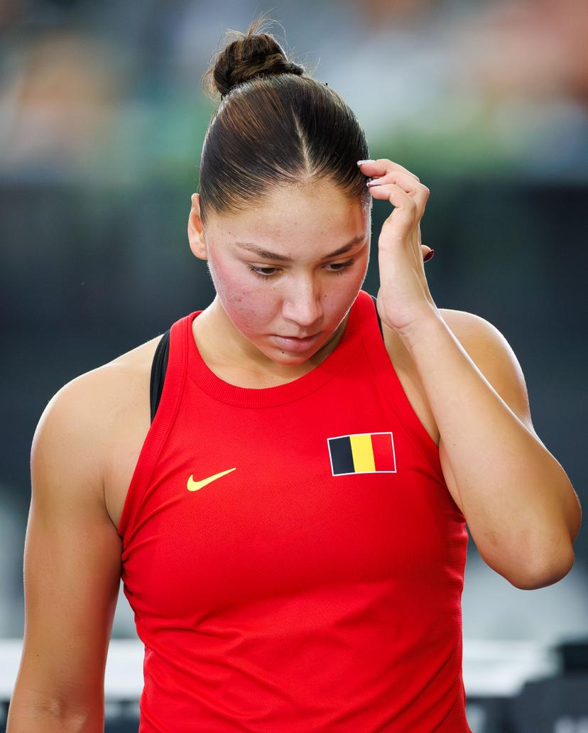 Belgian Sofia Costoulas reacts during the first game between Belgian Costoulas and Turkish Aksu in the Billie Jean King Cup Play-offs, between Belgium and Turkey, on Saturday 15 November 2025 in Ismaning, Germany. PHOTO BENOIT DOPPAGNE