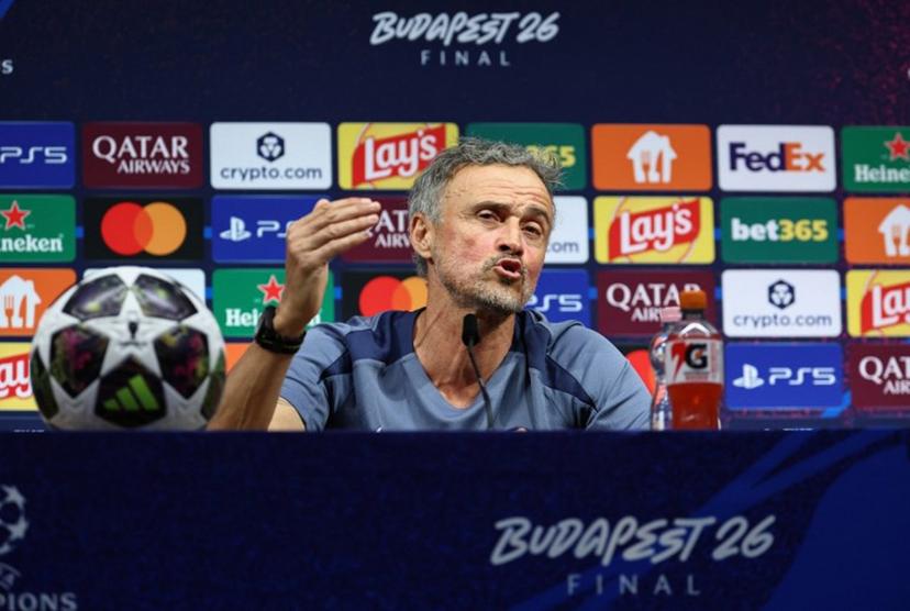 Paris Saint-Germain's Spanish headcoach Luis Enrique addresses a MD-1 press conference on May 29, 2026, the eve of the UEFA Champions League final football match between Paris Saint-Germain (PSG) and Arsenal at the Puskas Arena in Budapest.  Paris Saint-Germain (PSG) face Arsenal in the UEFA Champions League final football match on May 30, 2026 in Budapest. FRANCK FIFE / POOL / AFP