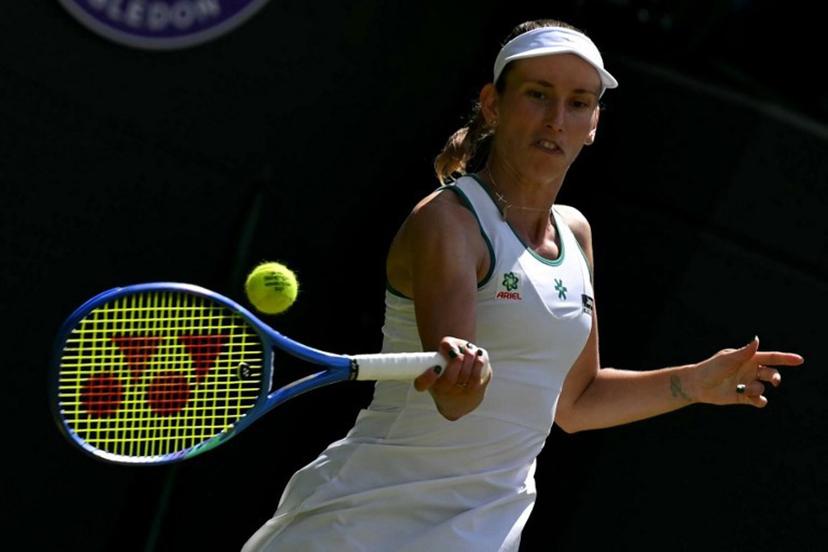 Belgium's Elise Mertens returns to Kazakhstan's Elena Rybakina during their women's singles third round tennis match on the sixth day of the 2026 Wimbledon Championships at The All England Lawn Tennis and Croquet Club in Wimbledon, southwest London, on July 4, 2026.  Glyn KIRK / AFP
