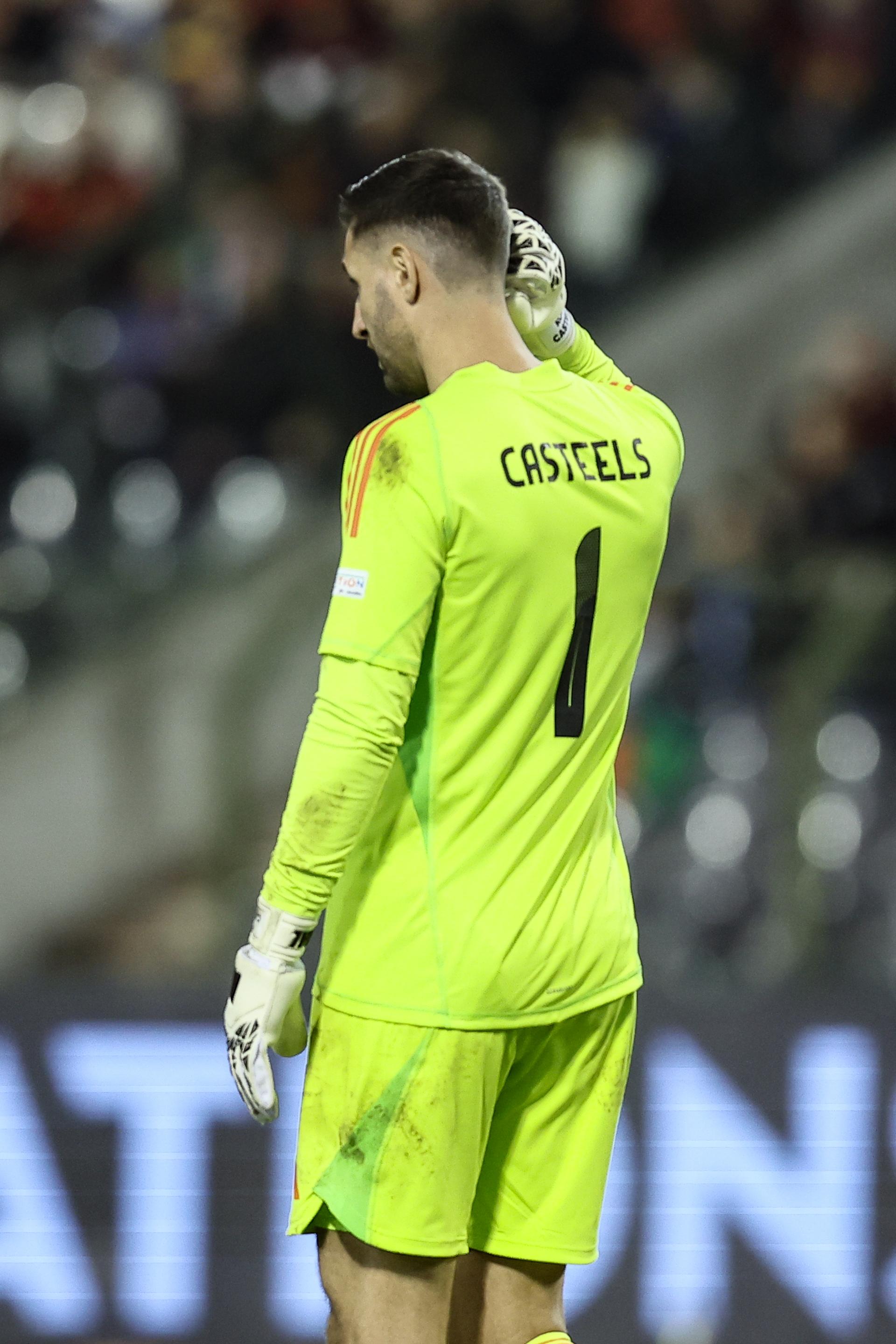 Belgium's goalkeeper Koen Casteels pictured during a soccer game between Belgian national soccer team Red Devils and Italy, match 5 (out of 6) in the League A Group 2 of the UEFA Nations League 2025 competition, Thursday 14 November 2024 in Brussels. BELGA PHOTO BRUNO FAHY