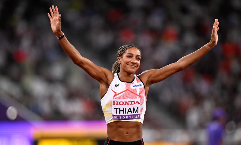 Belgian Nafissatou Nafi Thiam celebrates during the shot put event of the women's Heptathlon competition, at the World Athletics Championships in Tokyo, Japan, on Friday 19 September 2025. The outdoor Worlds are taking place from 13 to 21 September. BELGA PHOTO JASPER JACOBS