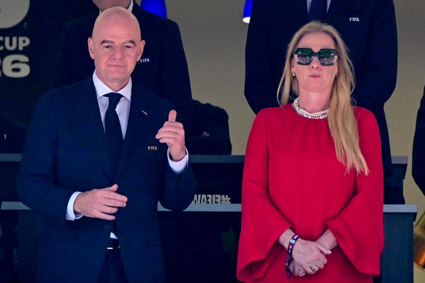 FIFA President Gianni Infantino and RBFA chairwoman Pascale Van Damme pictured during a soccer game between the USA and Belgian national team Red Devils, on Monday 06 July 2026, at the Seattle Field, in Seattle, a 1/8 finals game in the FIFA World Cup 2026. BELGA PHOTO DIRK WAEM