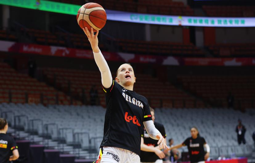 Belgium's Julie Vanloo pictured in action during the warming-up for a basket game between Belgium's national team Belgian Cats and Mali, in Wuhan, China, on Saturday 14 March 2026, the third game (out of 5) of the qualifications phase for the World Cup Basket tournament. BELGA PHOTO NIKOLA KRSTIC
