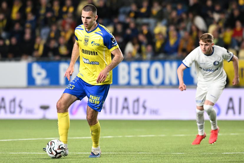 STVV's Joedrick Pupe pictured in action during a soccer match between Sint-Truiden VV and KAA Gent, Saturday 16 May 2026 in Sint-Truiden, on the eight day of the Champion's Play-offs of the 2025-2026 'Jupiler Pro League' first division of the Belgian championship. BELGA PHOTO JILL DELSAUX