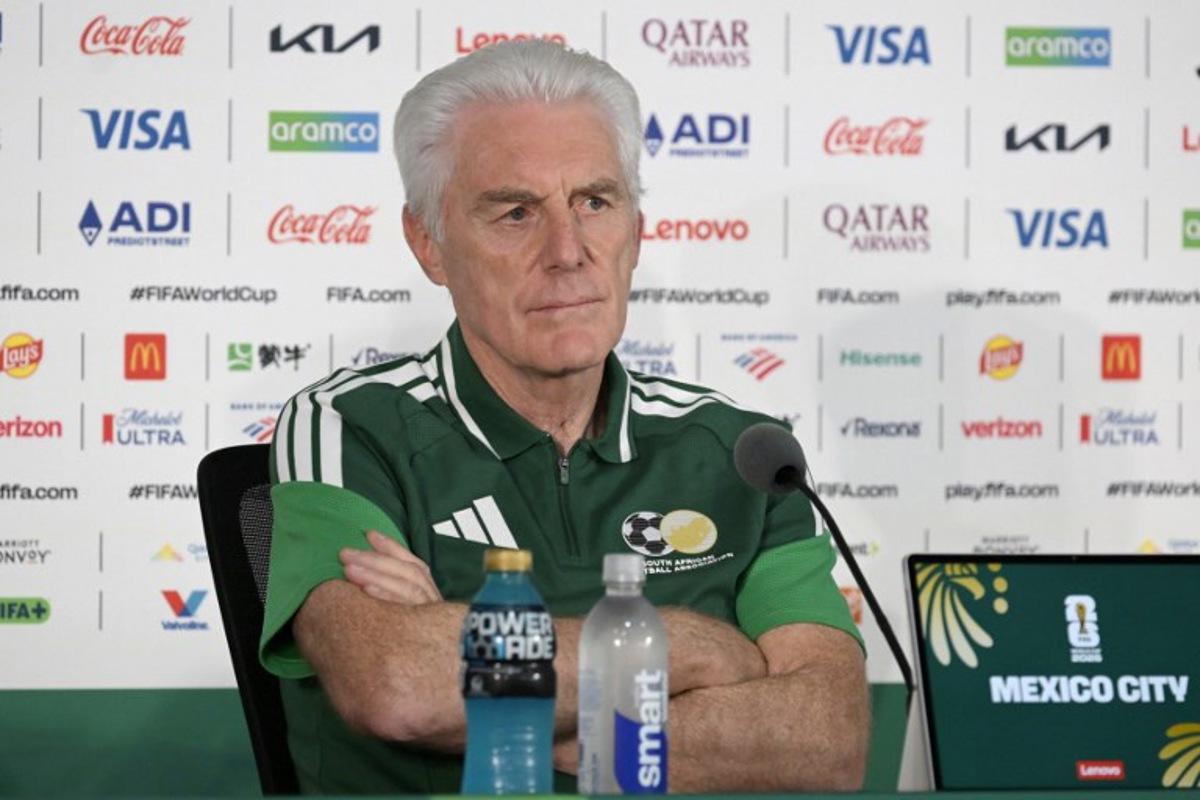 South Africa's Belgian head coach Hugo Broos gives a press conference at the Mexico City Stadium in Mexico City on June 10, 2026, on the eve of the 2026 World Cup football match between Mexico and South Africa.  Alfredo ESTRELLA / AFP