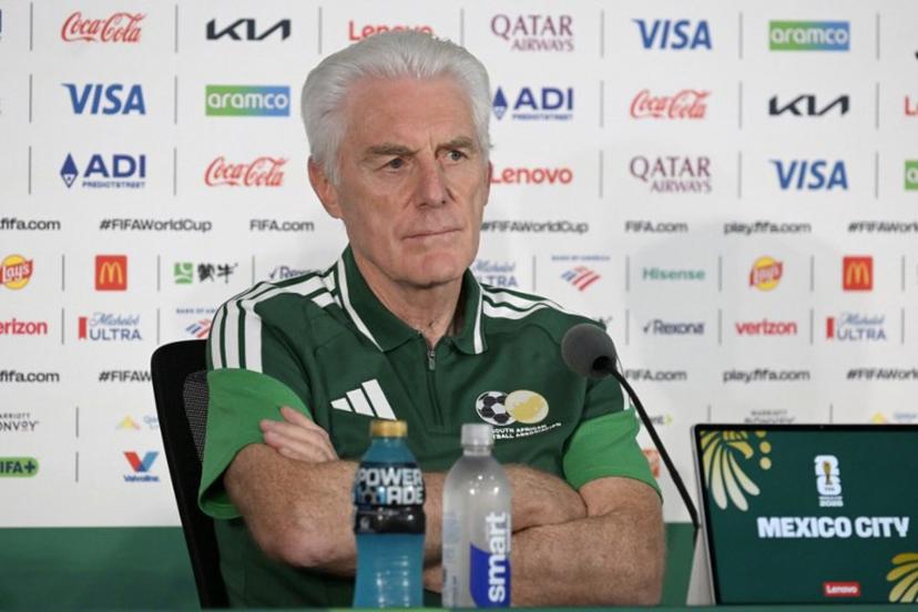 South Africa's Belgian head coach Hugo Broos gives a press conference at the Mexico City Stadium in Mexico City on June 10, 2026, on the eve of the 2026 World Cup football match between Mexico and South Africa.  Alfredo ESTRELLA / AFP