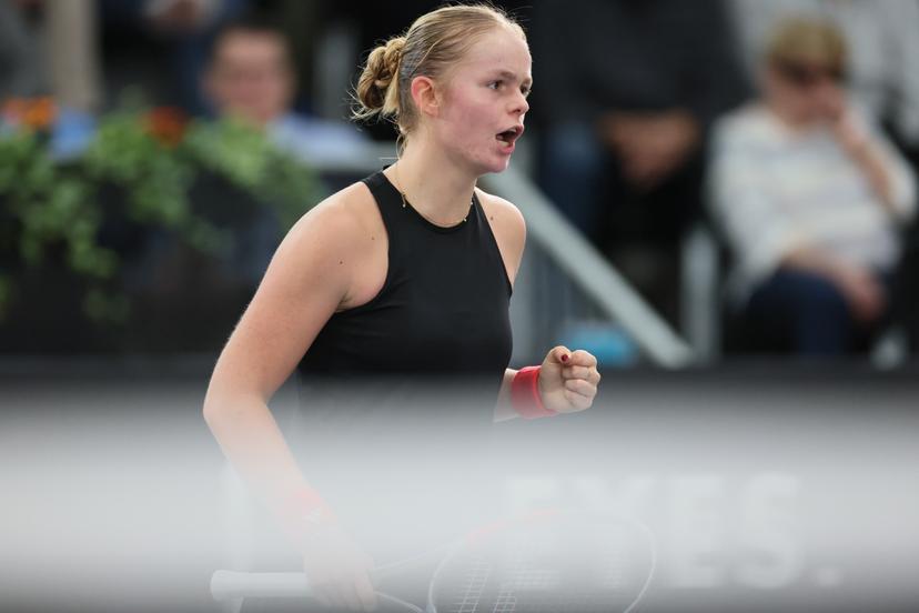 Belgian Jeline Vandromme reacts during the first game between Belgian Vandromme and German Friedsam in the Billie Jean King Cup Play-offs, between Belgium and Germany, on Sunday 16 November 2025 in Ismaning, Germany. PHOTO BENOIT DOPPAGNE