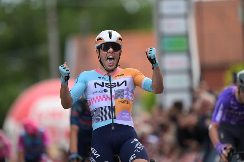 New Zealander Corbin Strong of NSN Cycling Team celebrates after winning the Circuit Franco-Belge cycling race, 195,6 km from Tournai to Mont-de-l'Enclus, stage 6 (out of 9) of the Lotto Cycling Cup, on Wednesday 10 June 2026. BELGA PHOTO DAVID PINTENS