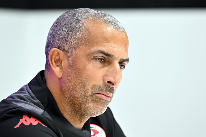 Tunisian head coach Sabri Lamouchi pictured during a press conference of the Tunisian national soccer team, in Brussels, on Friday 05 June 2026. Tunisia is playing a friendly game against Belgian national soccer team Red Devils tomorrow, part of the preparations for the 2026 FIFA World Cup. BELGA PHOTO ERIC LALMAND