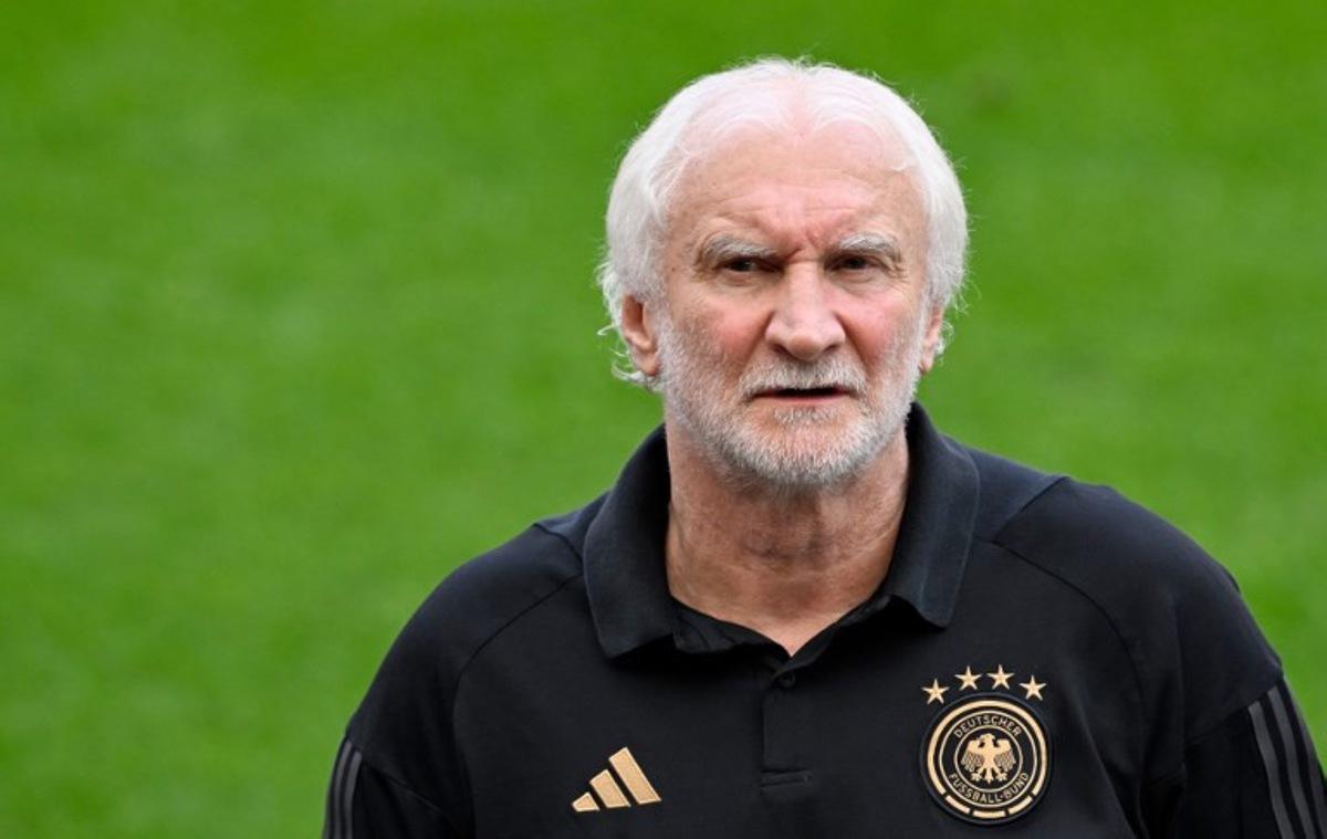 German football legend Rudi Voeller, manager of the German Football Federation (DFB), attends a training of Germany's football team on September 6, 2025 in Cologne, western Germany, on the eve of the 2026 World Cup qualifiers Europe zone group A football match between Germany and Northern Ireland.  INA FASSBENDER / AFP