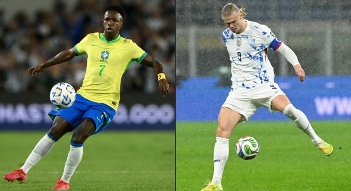 This combination of pictures created on July 03, 2026 shows Brazil's forward #07 Vinicius Jr controling the ball at the Mas Monumental stadium in Buenos Aires on March 25, 2025, and Norway's  captain #09 Erling Braut Haaland controling the ball at the San Siro Stadium, in Milan, on November 16, 2025. Brazil and Norway will meet in a 2026 World Cup round of 16 football match at the New York/New Jersey Stadium in East Rutherford on July 5, 2026.  Luis ROBAYO, Stefano RELLANDINI / AFP