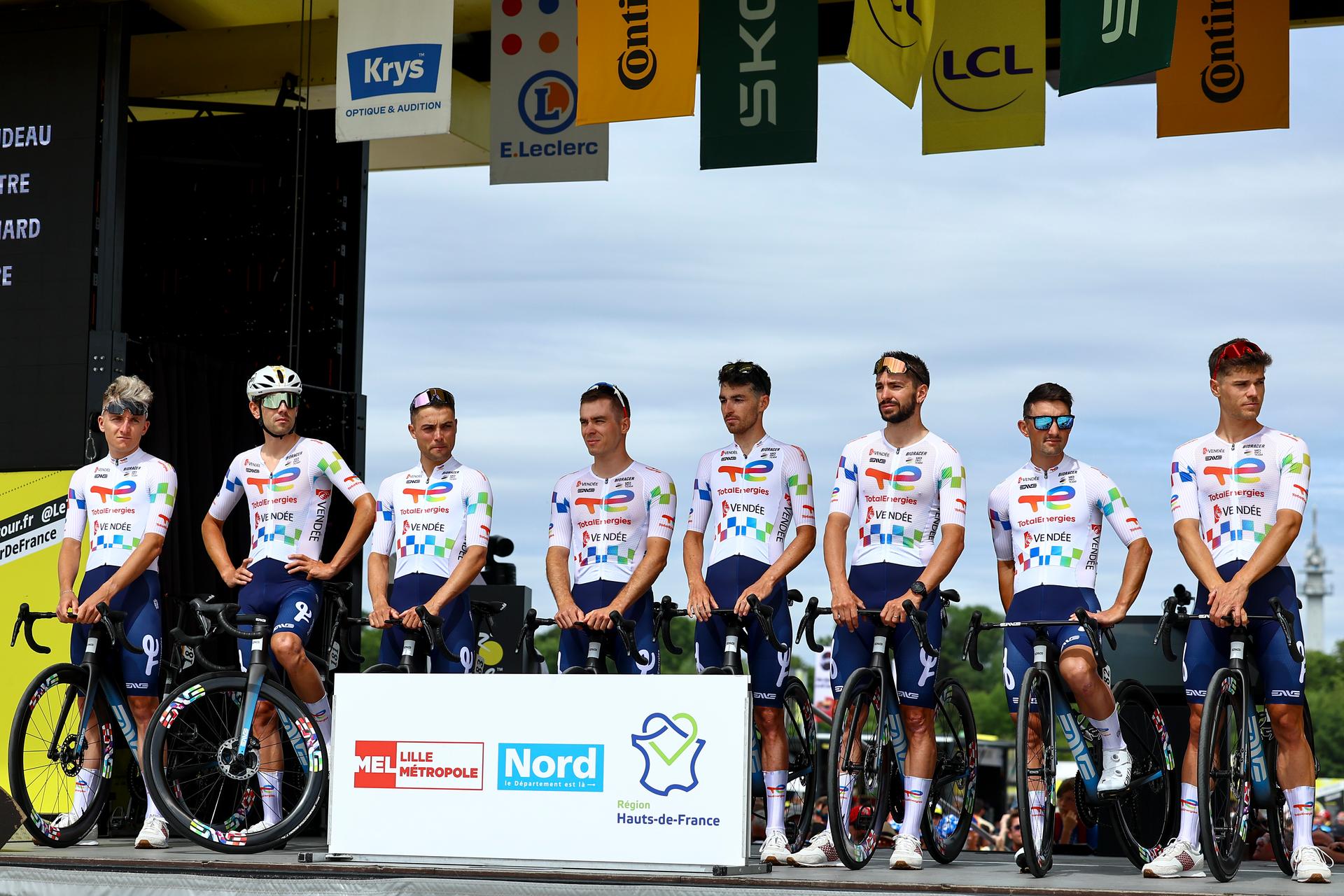 TotalEnergies riders pictured ahead of the first stage, Lille Metropole to Lille Metropole (185 km), of the 2025 Tour de France cycling race, in Lille, France, on Saturday 05 July 2025. The 112th edition of the Tour de France starts on Saturday 5 July in Lille, France, and will finish in Paris, France on the 27th of July. BELGA PHOTO DAVID PINTENS