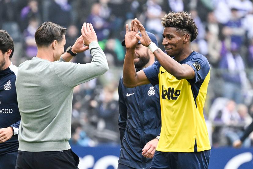 Union's head coach David Hubert and Union's Kevin Rodriguez celebrate after scoring during a soccer game between Royale Union Saint-Gilloise and RSC Anderlecht, Thursday 14 May 2026 in Brussels, the final of the 'Croky Cup' Belgian soccer cup. BELGA PHOTO TOM GOYVAERTS