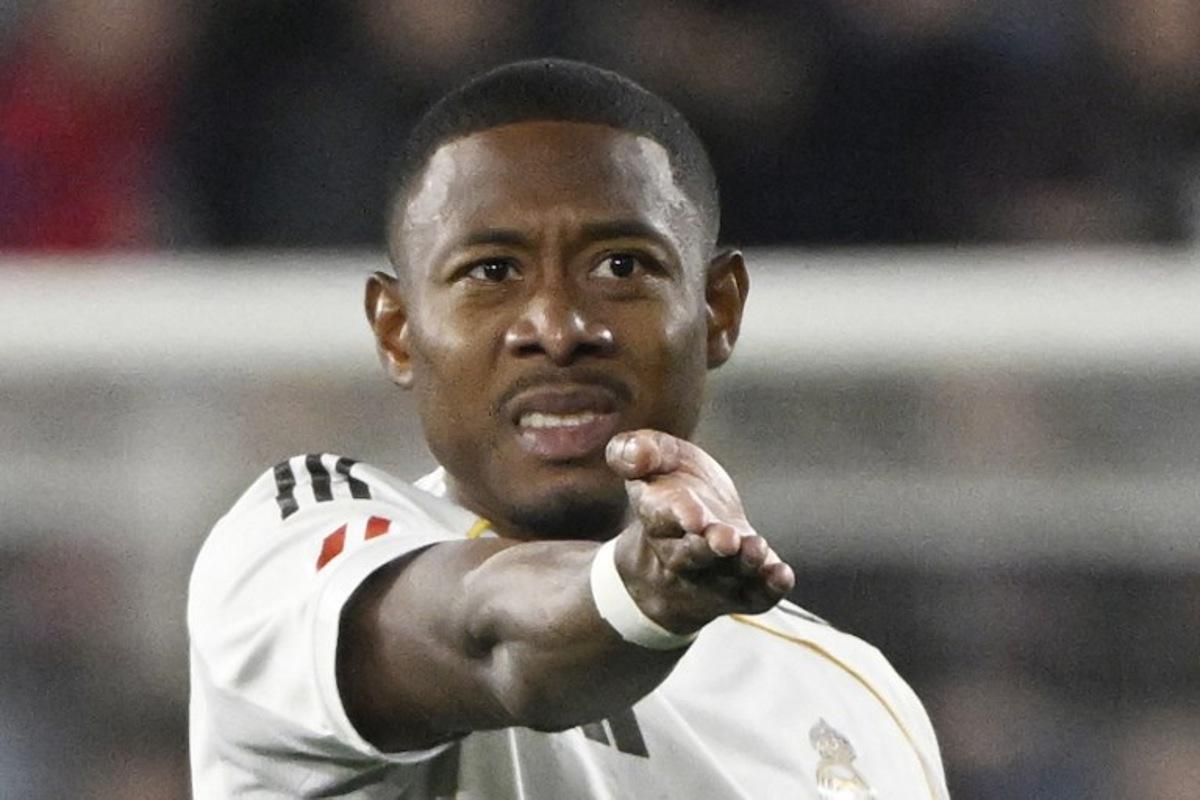 Real Madrid's Austrian defender #04 David Alaba reacts during the Spanish league football match between CA Osasuna and Real Madrid CF at El Sadar Stadium in Pamplona on February 21, 2026.  ANDER GILLENEA / AFP